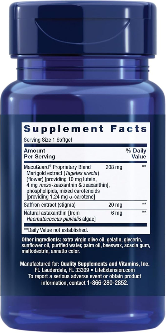 Life Extension MacuGuard Ocular Support with Saffron & Astaxanthin – Eye Health Supplement for Healthy Vision – with Lutein, zeaxanthin, Meso-zeaxanthin – Gluten-Free, Non-GMO – 60 softgels