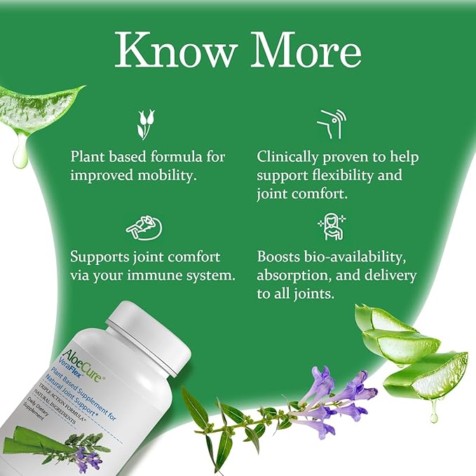 AloeCure VeraFlex Natural Joint Health Supplement with USDA Organic Aloe Vera - Plant-Based Capsules to Support Comfort, Mobility and Flexibility - All-Natural Formula, 60 Capsules
