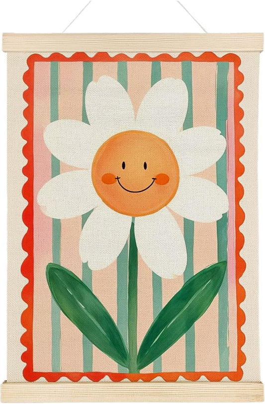 Nrleey Boho Nursery Wall Decor - Smiley Flower Wall Art With Wooden Poster Hanger, Boho Nursery Decor, Boho Floral Poster Wall Decor for Nursery Bedroom Room Classroom, 12x16 Inch