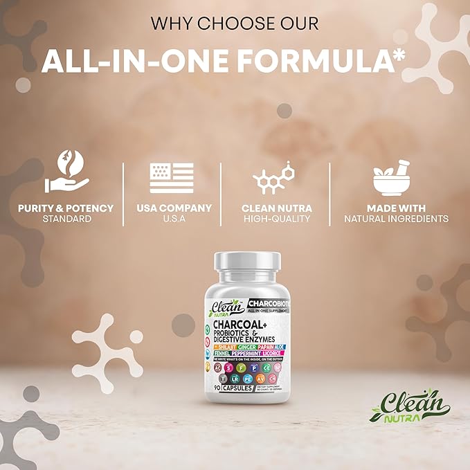Clean Nutra Activated Charcoal Capsules Shilajit Pills Probiotic Digestive Enzymes for Digestive Health with Peppermint Fennel Licorice Papain Ginger Turmeric | Gut Health