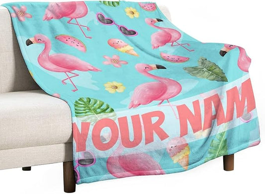 Custom Flamingo Blankets Gifts with Name - 60 x 80 Inches Cute Throw for Men & Women - Green Fluffy Comfort Furry Flamingo Blankets for Bed