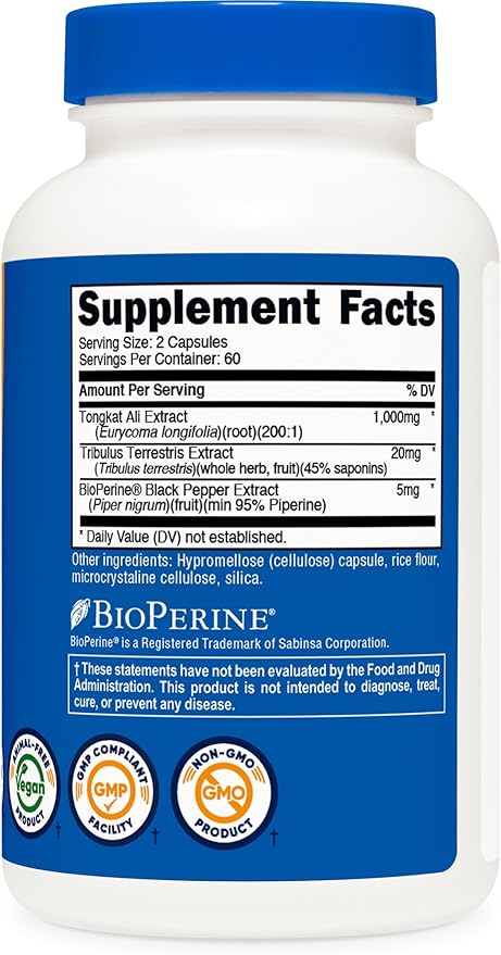 Nutricost Tongkat Ali 1,000mg 120 Capsules - with Tribulus Terrestris and BioPerine, Vegetarian Caps, Non-GMO, Gluten Free, Potent Extract