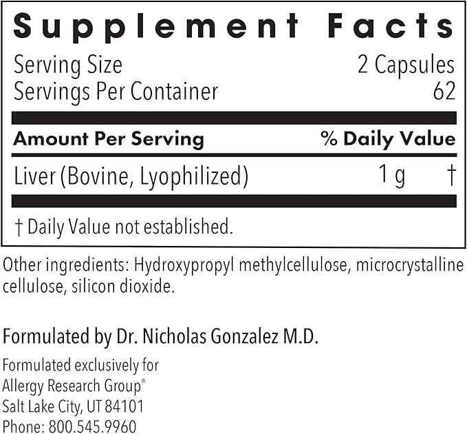 Allergy Research Group Beef Liver Supplement - Liver Function Support, Grass-Fed Beef Capsules 1000mg, Glandular Vitamins - 125 Count