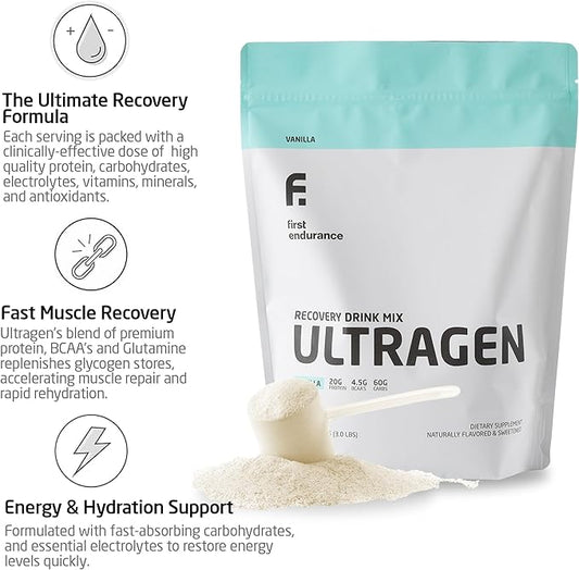 FIRST ENDURANCE Ultragen Workout Recovery Drink Powder, Protein Mix, Boosts Energy, Accelerates Recovery | Vanilla, 15 Servings