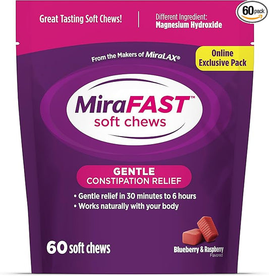 MiraFAST Soft Chews, from The Makers of MiraLAX, Gentle Constipation Relief, Fast Acting Laxative, Stimulant Free Saline Laxative, Magnesium Hydroxide, Blueberry & Raspberry Flavor, 60ct