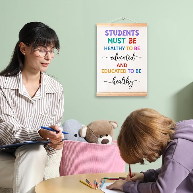 Students Must be Healthy to be Educated Poster Hanger Frame for Classroom Nursery School Wall Decor,School Nurse Office Decor Canvas Wall Art Poster Print Wall Hanging 16x12in