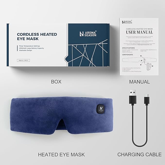 Heated Eye Mask, Cordless Warm Eye Compress for Dry Eyes MGD Stye Blephartitis, 2500mAh Electric Eye Heating Pad for Travel, Gifts for Men Women (Navy Blue)