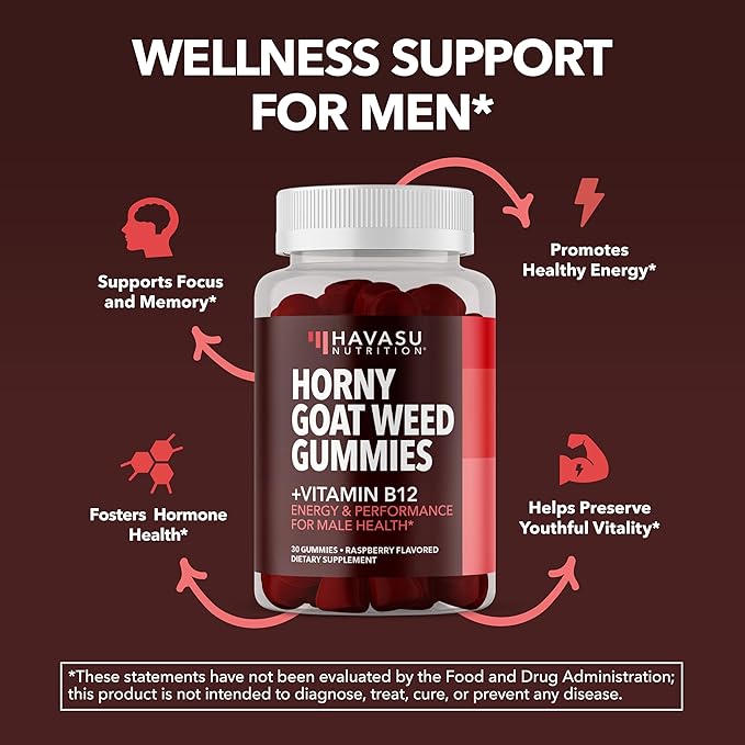 Horny Goat Weed Gummies with Vitamin B12 - Energy, Endurance & Performance Support for Male Health - 30 Count - Vegetarian-Friendly, Non-GMO, Pectin-Based - Raspberry Flavor, 15 Servings