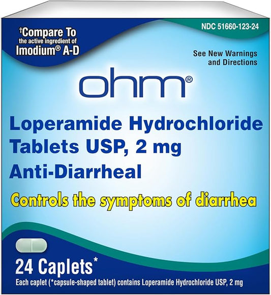 Ohm Loperamide Hydrochloride 2mg Caplets (24 Count) - Anti Diarrhea Pills for Adults, Effective Stomach Relief, Antidiarrheal Pills, Fast Acting Travel Medicine