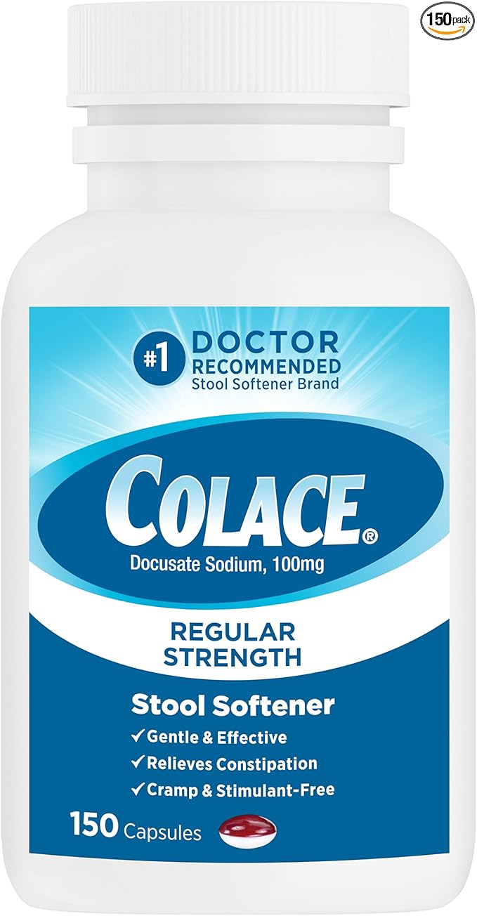 Colace Regular Strength Stool Softener for Gentle Effective Constipation Relief, No. 1 Doctor Recommended Stool Softener Brand, 100 mg Docusate Capsules, 150 Count