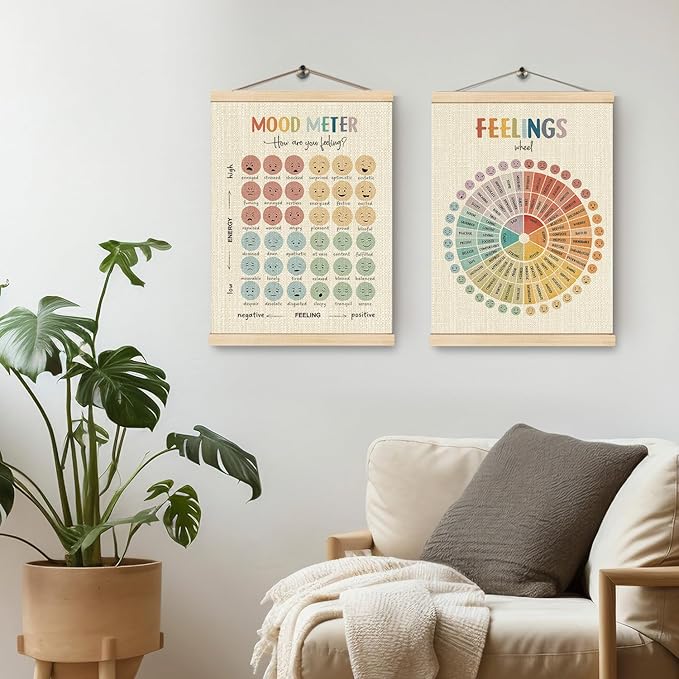 HKTZM Mental Health Mood Meter Feelings Wheel Poster Hanger Frame 12.5×17 Inch, Feelings Wheel Emotions Chart Hanging Wall Decor for Kids Room Classroom School Office Calming Corner, Set of 2