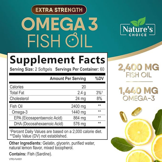 Omega 3 Fish Oil Supplement 2400 mg - Triple Strength EPA & DHA Fish Oil Omega 3, Essential Fatty Acids Supplement Softgels, Brain & Heart Health Support Supplements, Gluten Free Non-GMO, 120 Softgels