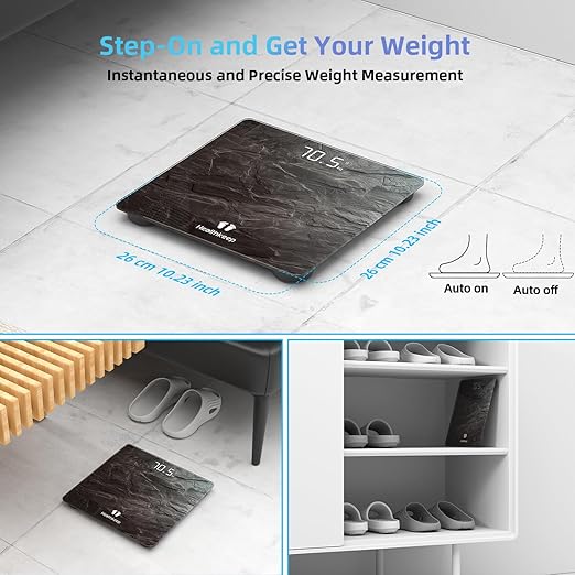 Digital Bathroom Scale, High Precision, with Step-On Technology, LED Display, Slim Design, Max. 180 kg/400 lb, Marbled Gray