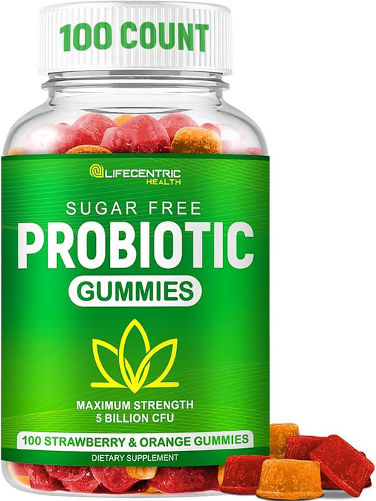 Probiotic Gummies for Adults and Kids Max Strength 5 Billion CFU | Organic Sugar Free Gummies for Digestive Health | 100 Count Vegan Gluten Free Chewable Probiotics Gummies for Men Women and Children