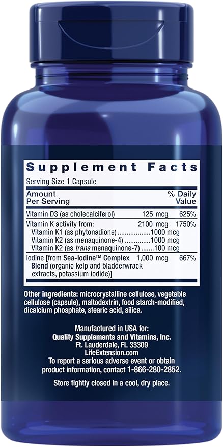 Life Extension Vitamins D and K with SeaIodine Bone Brain Thyroid Arterial Support Non GMO Once Daily Gluten Free, 60 Count