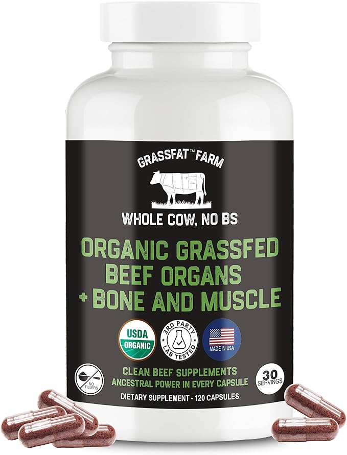 Grassfat USDA Certified Organic 100% Grassfed Cows Beef Organs Supplement + Cow Bone & Muscle and Tallow - Whole Cow, No BS with Nothing Added - Made in The USA - Premium Blend - 30 Servings
