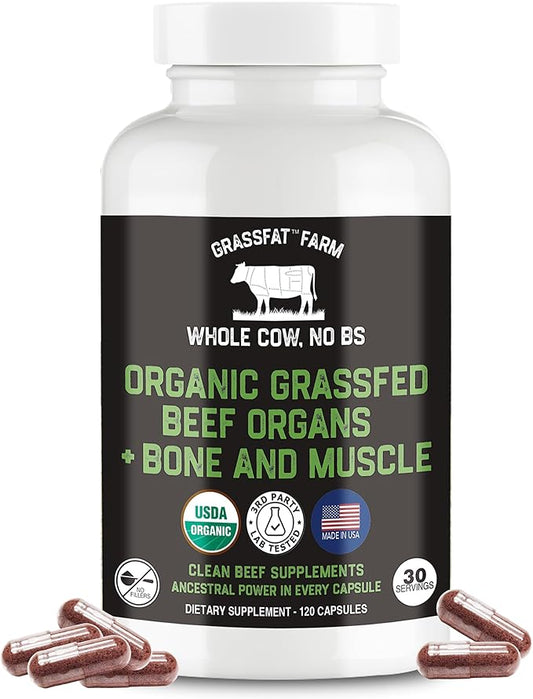 Grassfat USDA Certified Organic 100% Grassfed Cows Beef Organs Supplement + Cow Bone & Muscle and Tallow - Whole Cow, No BS with Nothing Added - Made in The USA - Premium Blend - 30 Servings