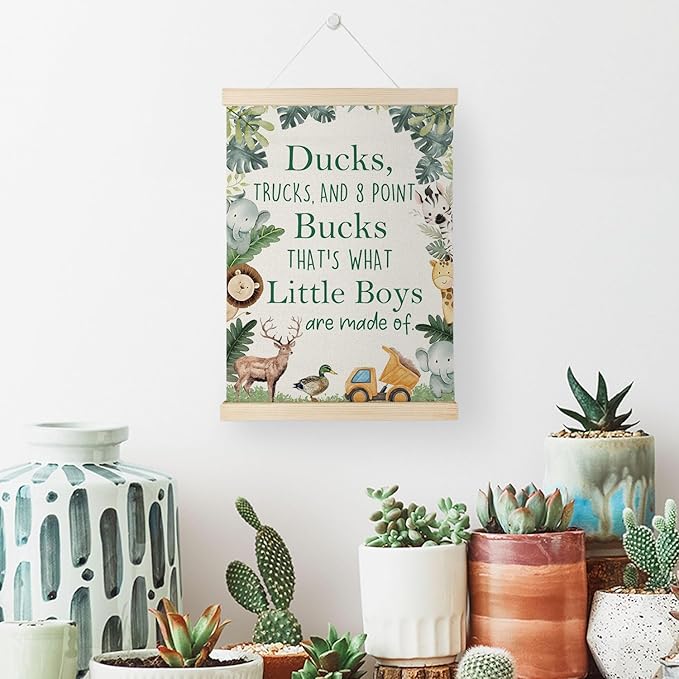 Nrleey Boy Nursery Wall Decor with Wooden Poster Hanger - Little Boy Room Decor, Woodland Baby Animal Truck Wall Art Posters for Nursery Bedroom Playroom, 12x16 Inch