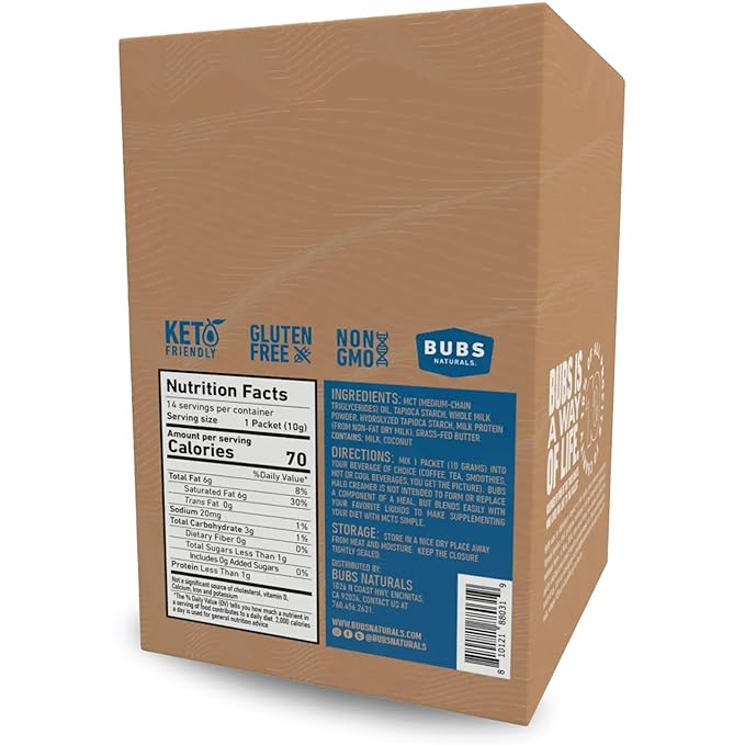 BUBS Naturals Halo MCT Oil Powder, 10g Travel Packets Functional Keto Coffee Creamer with MCT Oil & Grass-Fed Butter Unflavored Powder, Includes 14 Packets