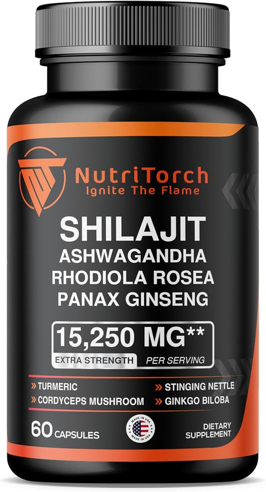 Shilajit Capsules - Supplement with Ashwagandha, Rhodiola Rosea, Panax Ginseng, Turmeric, Cordycep Mushrooms, Ginkgo Biloba - 15250Mg - 60 Capsules