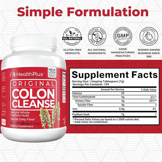 Health Plus Colon Cleanse Digestive Support | All Natural Daily Fiber for Toxin Elimination To Reduce Bloating | Supports Heart Health | 48 Ounces, 194 Servings