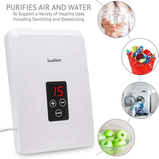Ivation Portable Ozone Generator 600mg/h – Multipurpose Air Sterilizing & Freshening System w/2 Silicone Tubes, 2 Diffuser Stones & Timer; Purifies Air, Water, Food, Toothbrush