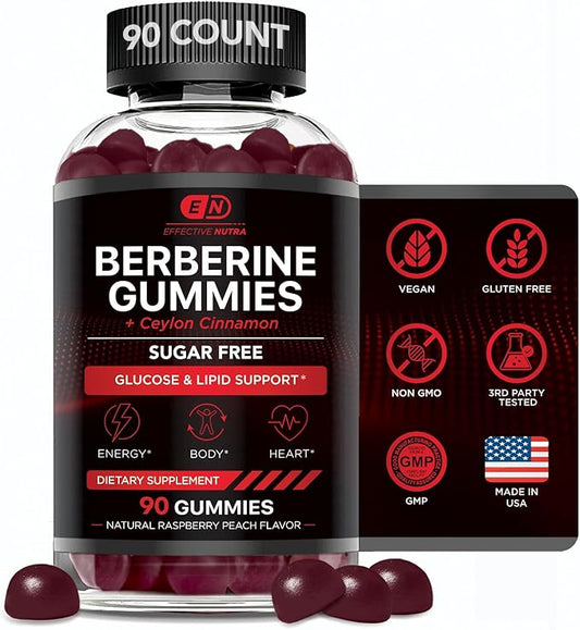 Berberine Gummies with Ceylon Cinnamon | Sugar-Free Supplement 1200mg for Blood Sugar Support, Heart Health, Energy | 45-Day Supply, Natural Berry Flavor, Made in USA (90 Count)