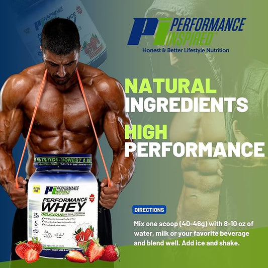 Performance Inspired Nutrition WHEY Protein Powder - All Natural - 25G - Contains BCAAs - Digestive Enzymes - Fiber Packed - Strawberries & Cream - 2lb