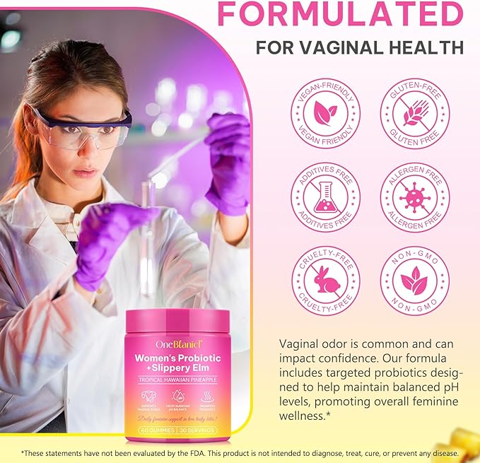 Feminine Probiotics Gummies,Vaginal Women Probiotic,Feminine Balance pH Gummies for Healthy Odor,Improve Immune,Support Vaginal Health,with Slippery Elm(60 Gummies)