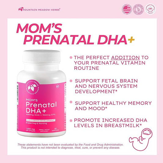 Mountain Meadow Herbs - Mom's Prenatal DHA+ Omega-3 Supplement for Pregnancy, Supports Fetal Brain, Eye & Heart Development, Essential Prenatal Nutrition for Mom & Baby Health, 60 ct