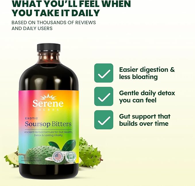 Soursop Bitters Liquid – Organic Herbal Detox with Black Seed, Moringa & Ginger by Serene Herbs – Supports Digestive Wellness & Immune Function – 16 fl oz