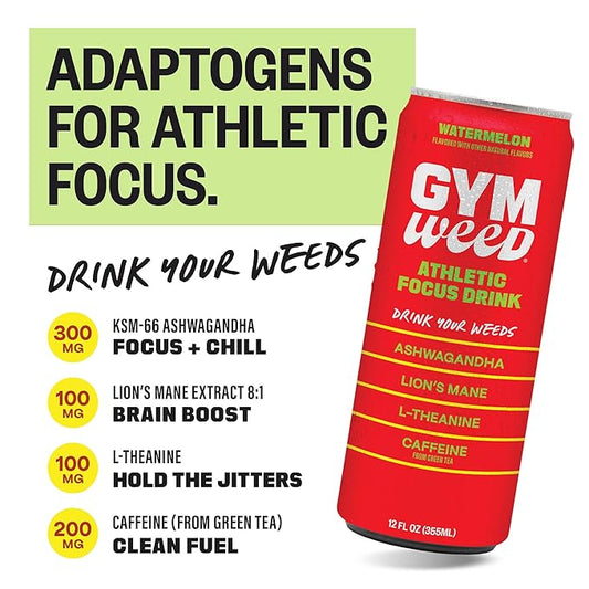 GYM WEED Athletic Focus Drink with KSM-66 Ashwagandha, Lion's Mane Mushroom, L-Theanine, 200mg Green Tea Caffeine with Natural Sweeteners Sour and Sweet Variety of Flavors, 12 Pack