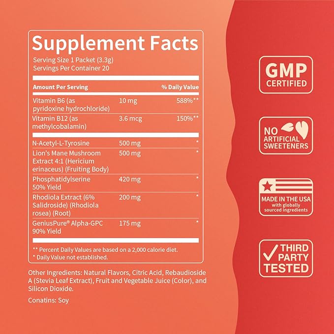 SuperFocus Focus Drink Mix – Fruit Punch Flavor – Alpha GPC, Lion’s Mane, Rhodiola & N-Acetyl L-Tyrosine – Sugar-Free, On-The-Go Packets – 20 Servings