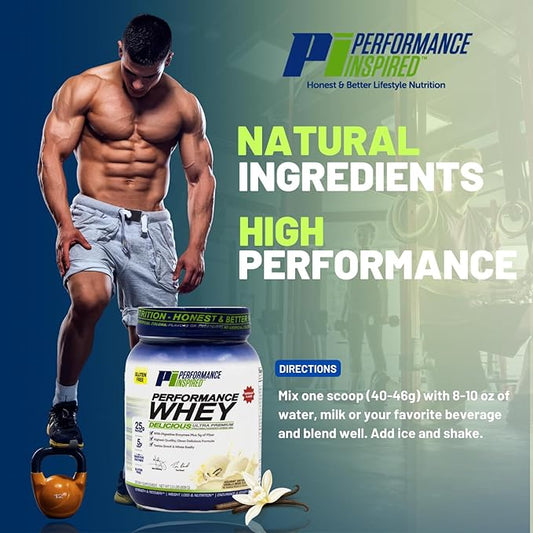 PERFORMANCE INSPIRED Nutrition WHEY Protein Powder – All Natural – 25G Protein – BCAAs – Digestive Enzymes – Fiber Packed – Natural Vanilla – 2lb