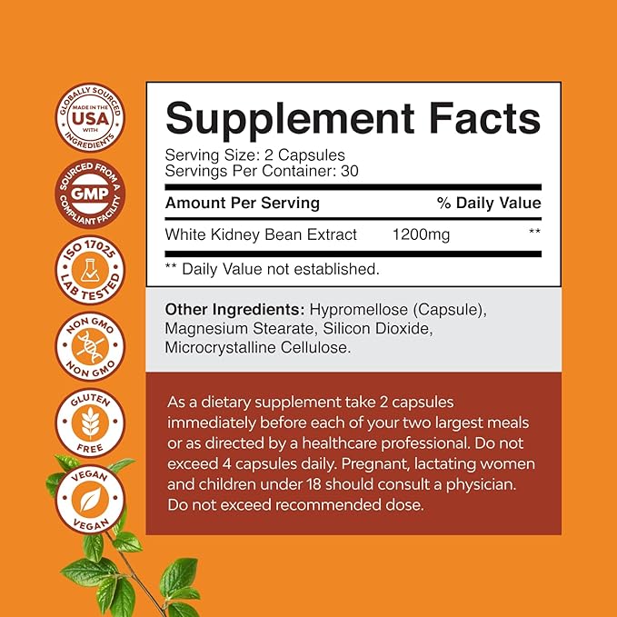 White Kidney Bean Extract Carb Blocker - White Kidney Beans Supplement for Metabolism Boost & Ease Calories from Starchy Food - Carb Control Supplements - 60 Capsules