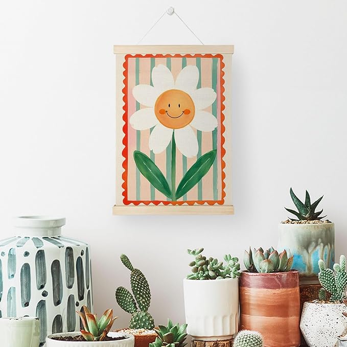 Nrleey Boho Nursery Wall Decor - Smiley Flower Wall Art With Wooden Poster Hanger, Boho Nursery Decor, Boho Floral Poster Wall Decor for Nursery Bedroom Room Classroom, 12x16 Inch