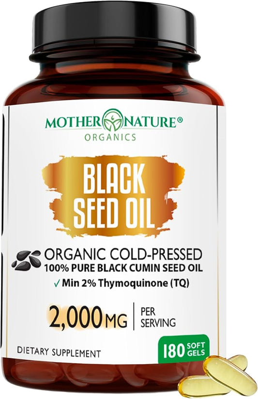 Mother Nature - Organic Black Seed Oil Capsules, 3 Month Supply, Cold Pressed, High TQ, 100% Turkish, Black Cumin Nigella Sativa Oil for Immune Support, Joint, Digestive Health,1000mg Capsule, 180ct