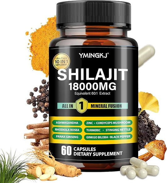 Shilajit Capsules 18000mg with Ashwagandha, Rhodiola Rosea, Panax Ginseng, Cordyceps, Turmeric, Ginkgo, Fulvic Acid Trace Minerals Supplement for Men & Women 60 Count Non-GMO Gluten-Free
