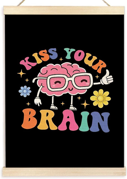 Ecezatik Mental Health Wall Decor, Kiss Your Brain Inspirational Poster Hanger Frame, Motivational Wall Decor for Classroom Nursery Kids Room Playroom, 12x16 Inches