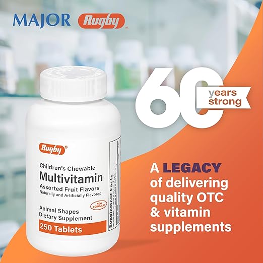 Rugby Children’s Chewable Multivitamin Tablets - Dietary Supplement - Assorted Fruit Flavors - Animal Shapes - 250 Count (1 Pack)