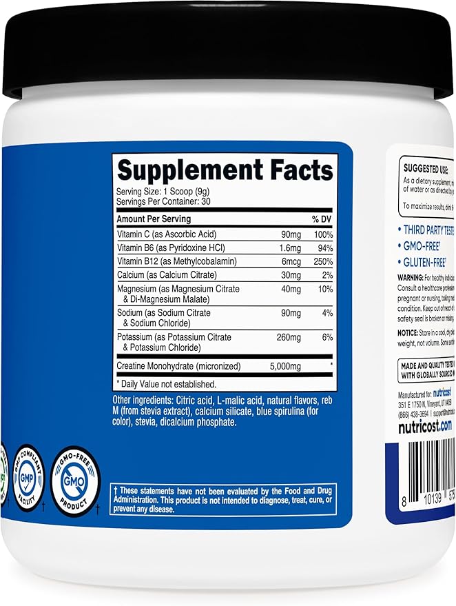 Nutricost Creatine Monohydrate + Hydration Blue Raspberry Flavored (30 Servings) - 7 Vitamins & Minerals, 5000mg of Creatine Per Serving