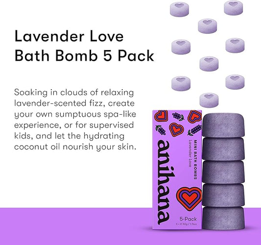 ANIHANA Mini Bath Bombs with Coconut Oil, Paraben Free, Hand-Crafted Luxury Fizzers, Refreshing Lavender Love Scent, 1.76 oz Each, 5 Pack