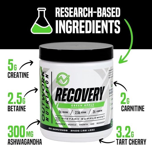 Outwork Nutrition Post Workout Recovery Powder - Creatine Monohydrate, KSM-66 Ashwagandha & Tart Cherry - Speeds Recovery, Eases Soreness - Creatine Powder for Men & Women, Green Apple, 240 Gr