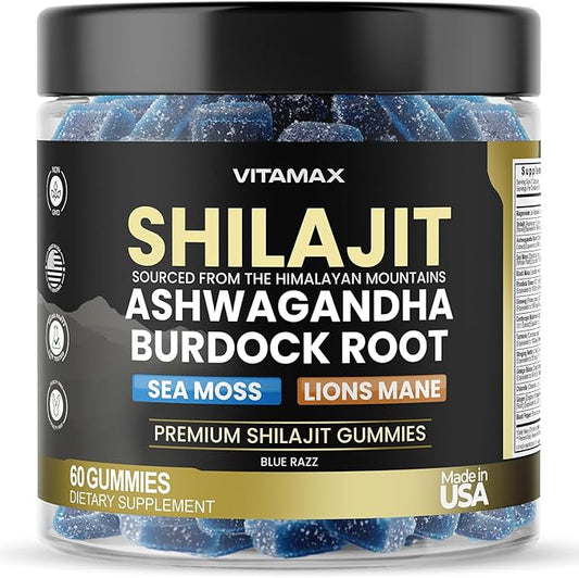 Organic Shilajit Gummies, Sea Moss, Ashwagandha, 105+ Trace Minerals – Organic Burdock Root & Lions Mane Mushroom - Blue Razz – Vegan & Non-GMO – Made in USA – 60ct