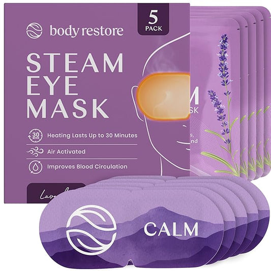 Body Restore Heated Eye Mask for Dry Eyes 5 Pack - Self Heating Warm Compress, Christmas Stocking Stuffers, White Elephant, Birthday Gifts for Women, Men, Stye Eye Treatment, Relaxation - Lavender