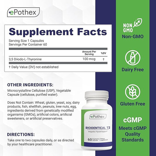 Bioidentical T2 - Integrative Thyroid Support - Promotes Metabolism & Energy - Non-GMO, Clean Formula - 60 Capsules (2 mo Supply)