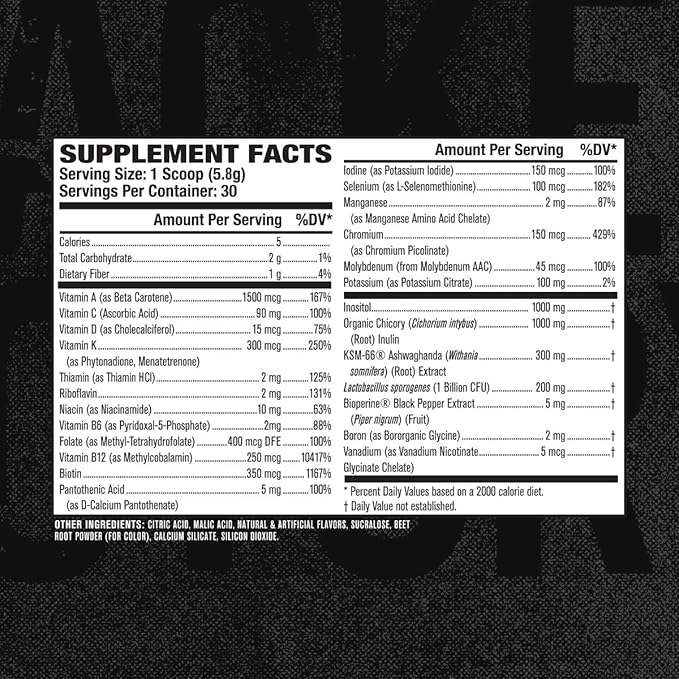 Jacked Factory Vita XT Performance Vitamin Powder - Daily Multivitamin Powder for Men with KSM-66 Ashwagandha, Prebiotic Fiber, Vitamin A, C, D, K, B6, B12, & More - Strawberry Lemonade, 30Sv