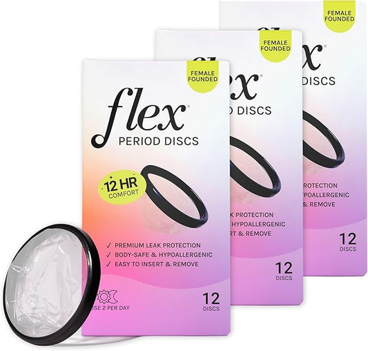 Flex Menstrual Discs | Disposable Period Discs | Reduce Cramps & Dryness | Beginner-Friendly Tampon Alternative | Capacity of 5 Super Tampons | Made in Canada | 3-Pack (36 Total Count)