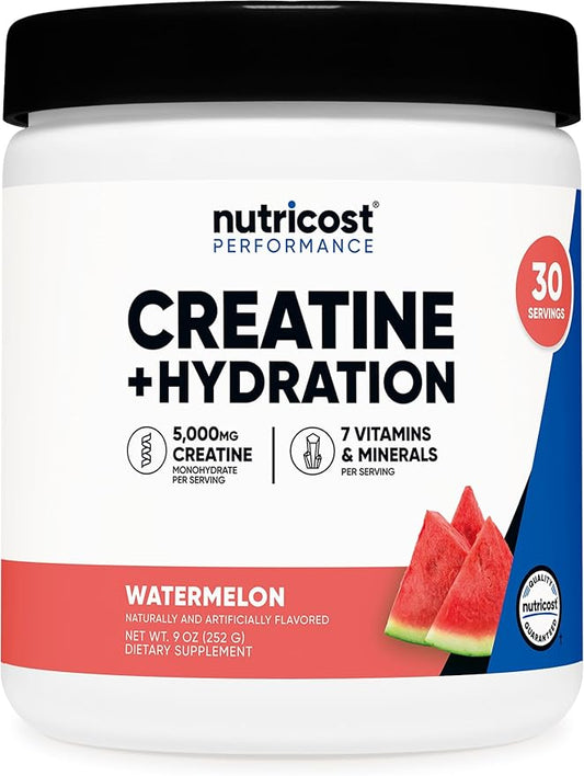 Nutricost Creatine Monohydrate + Hydration Watermelon Flavored (30 Servings) - 7 Vitamins & Minerals, 5000mg of Creatine Per Serving
