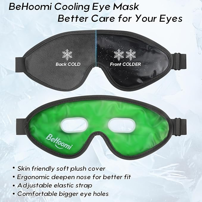 2Packs Cooling Eye Masks, Ice Eye Mask Cold Compress for Eyes, Reusable Cold Gel Eye Mask for Eye Relaxation, Comfort Snug Fit, Eye Cover for Home, Office, Black & Green